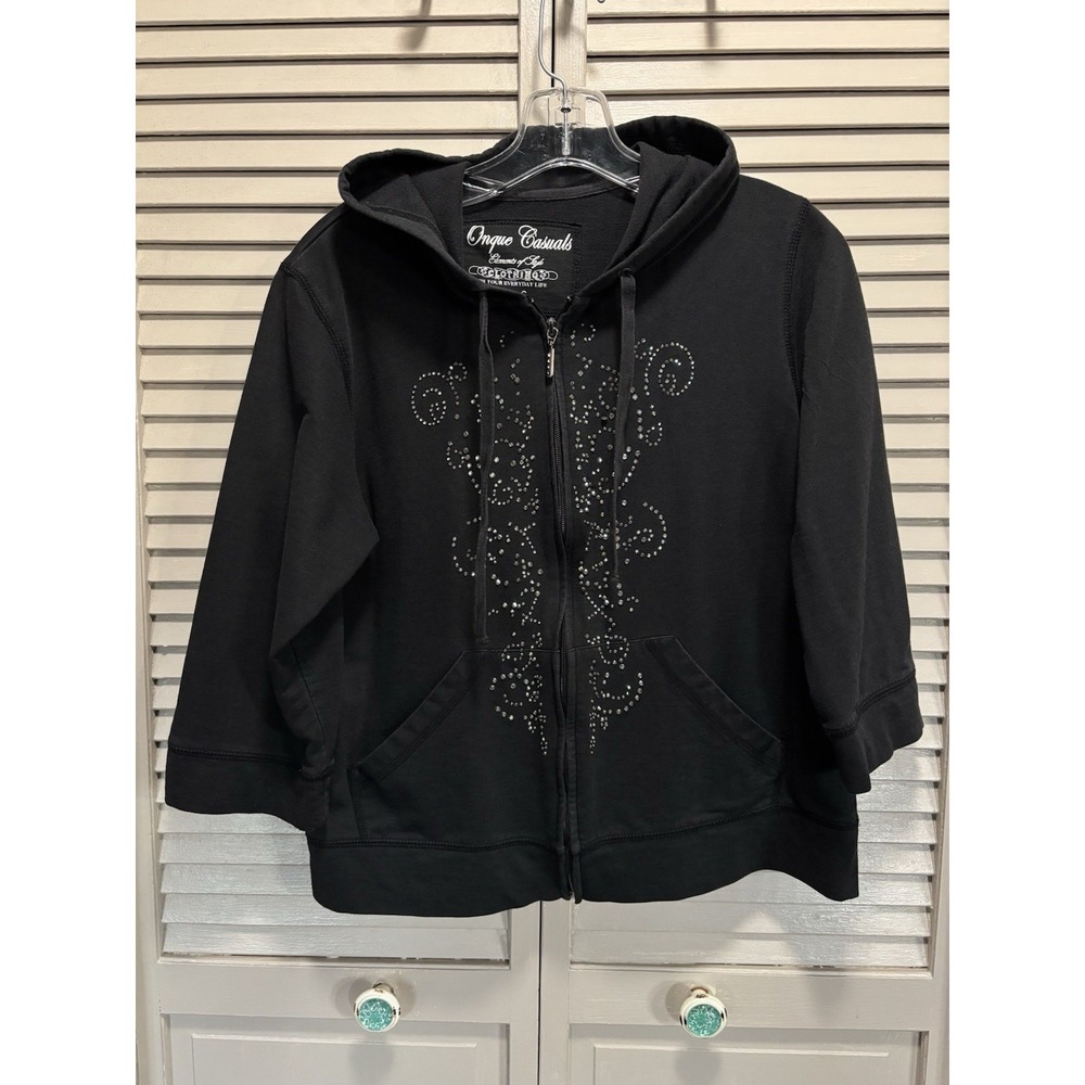 Onque Casuals Black Rhinestone Detail Zip Up Hood Jacket‎ Pockets Size L